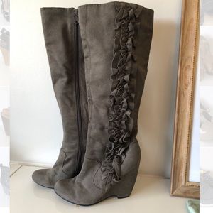 Elle Ruffle Gray tall boots wedge heel